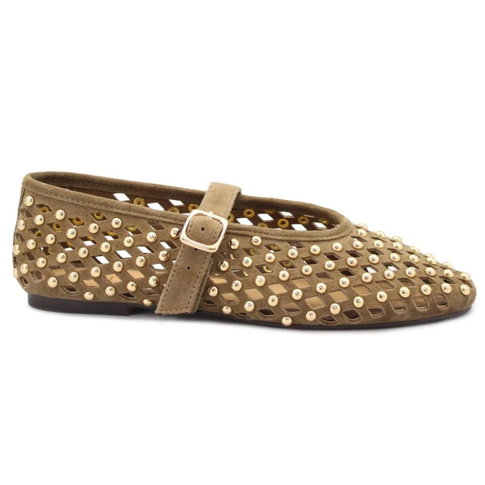 Ballerina donna scamosciata con laccetto e borchie nocciola e oro - CNK003 CHESTNUT