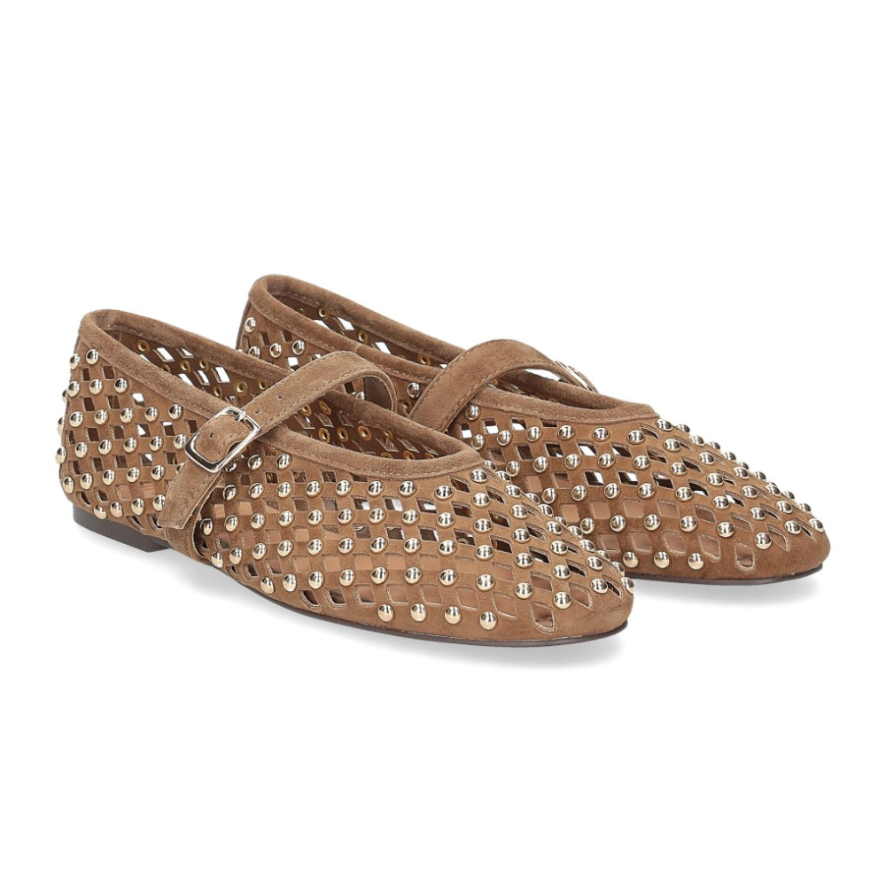 Ballerina donna scamosciata con laccetto e borchie nocciola e oro - CNK003 CHESTNUT