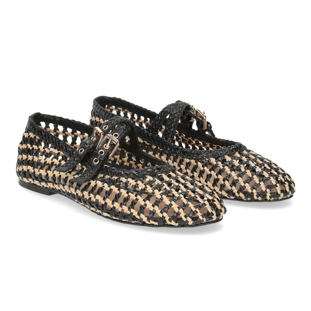 Ballerine donna Inuovo nera e beige traforata con laccetto - D47003 BLACK GOAT